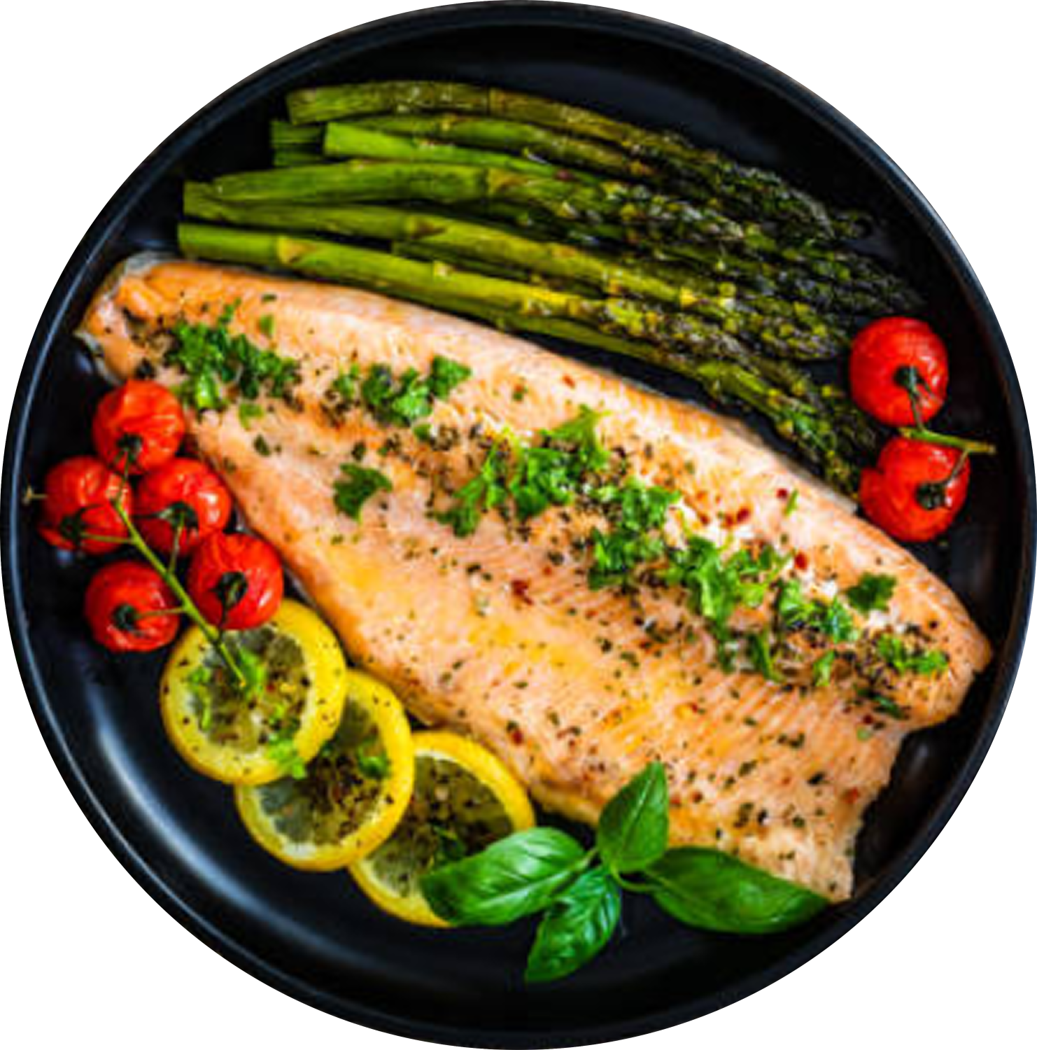 Delicious keto meal with salmon, asparagus and vegetables